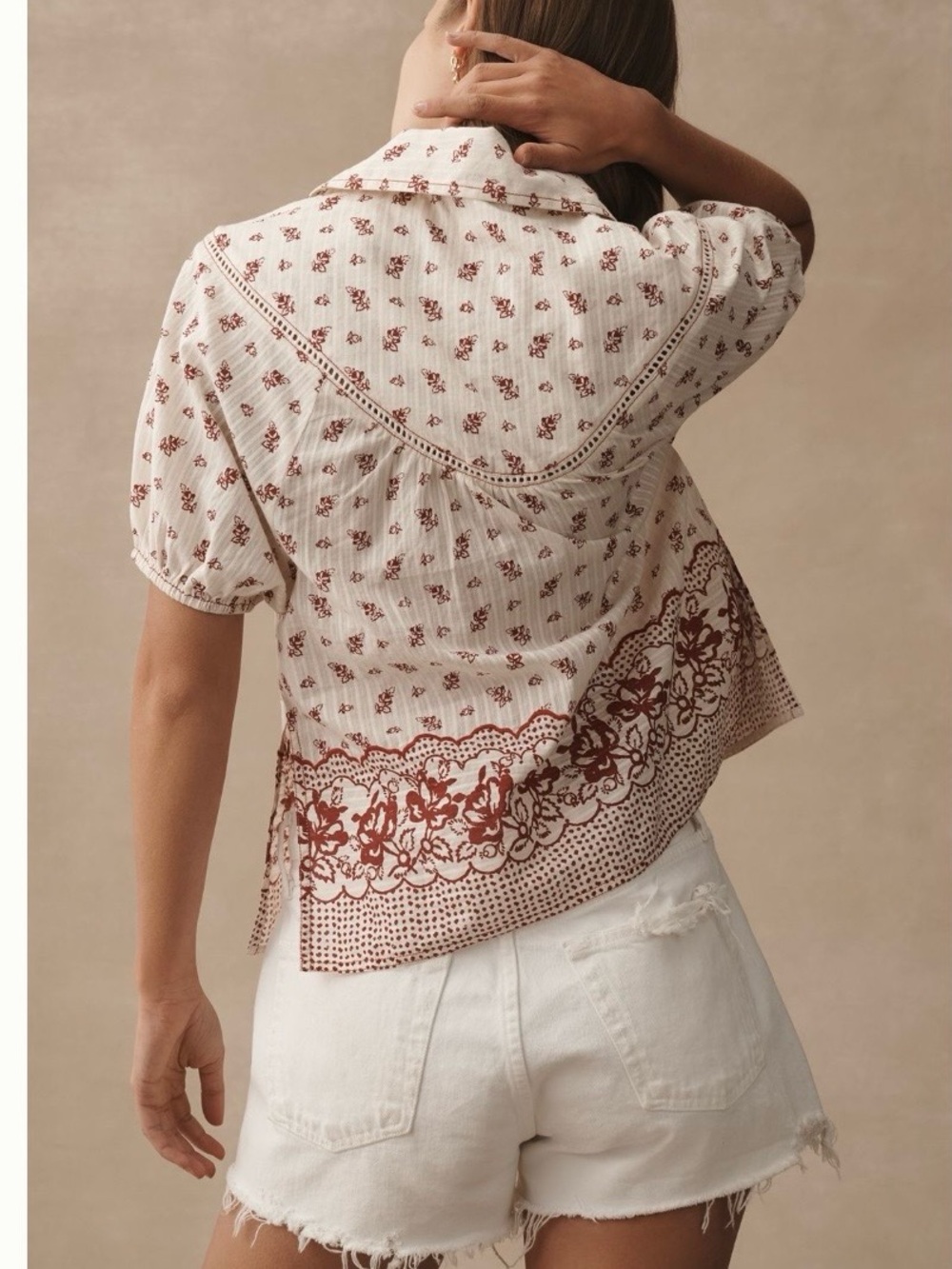 Pilcro Cream Peasant Top with Rust Floral Border - Picture 4 of 8